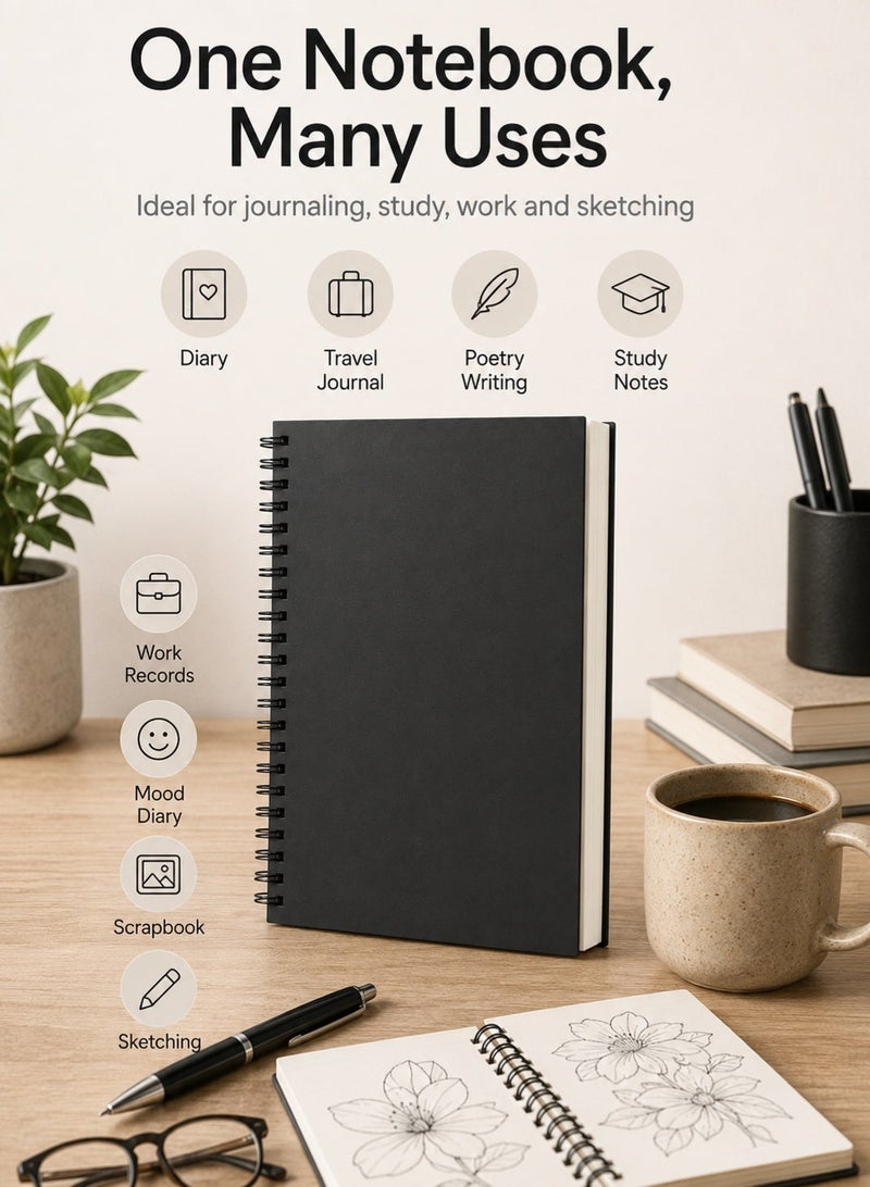 NIIMBOT 1 Piece B5 Blank Spiral Notebook, Black Soft Cover White Paper Blank Notebook, Sketch Book, Thick Bleed-Proof Paper Travel Journal for Drawing, 100 Pages / 50 Sheets Blank Diary for Work Notes and Study Writing, School Office Stationery Supplies, 26.2 cm x 19.4 cm - Image 4