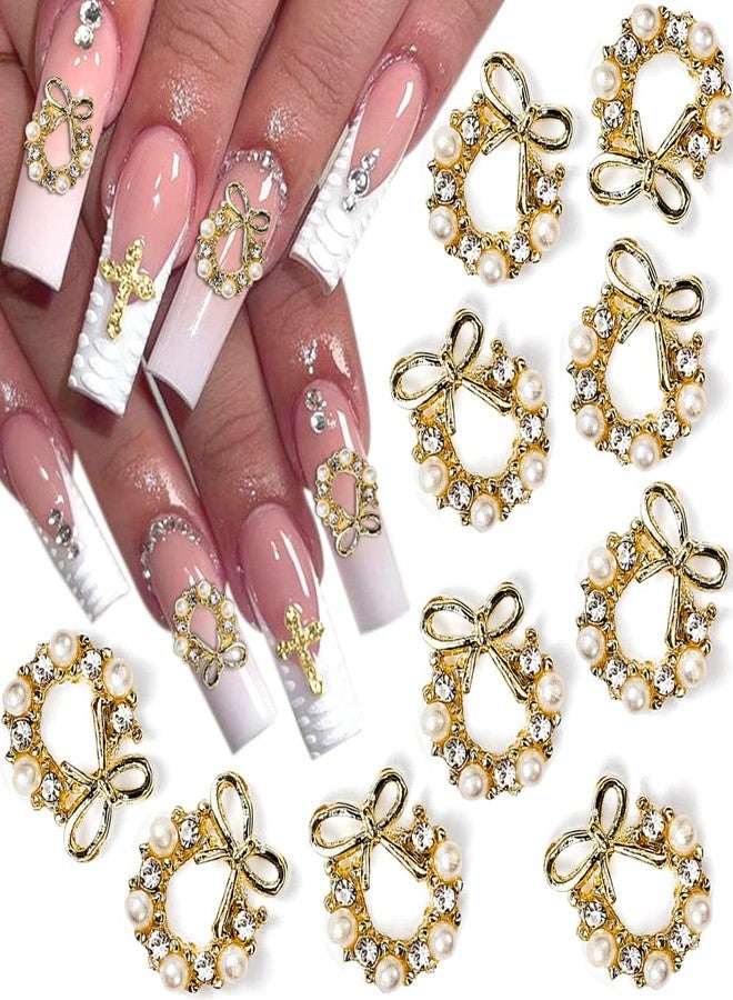 JALIYA Christmas Garland Nail Charms, 10pcs 3D Christmas Wreath Bow Nail Charm Xmas Wreaths Alloy Rhinestones Pearls Nail Jewels for Nail Art Garland Christmas Decorations Nail Art Charms for Jewelry Making - Image 1