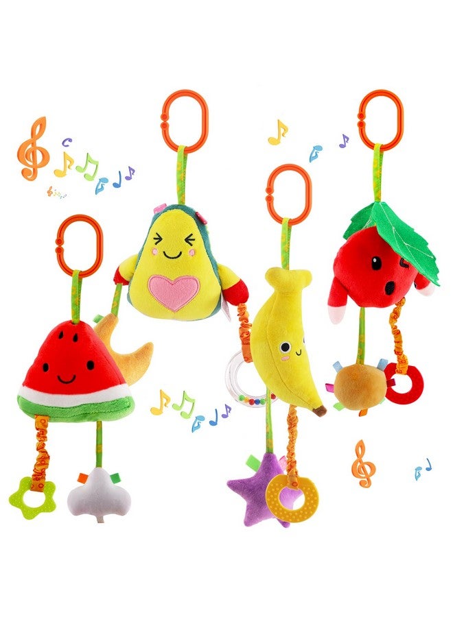 KAKIBLIN Baby Hanging Rattle Toys, 4 Pack Car Seat Stroller Toys Soft Squeaky Toys For Baby Newborn Infant Car Bed Travel Activity, Fruit - Image 1