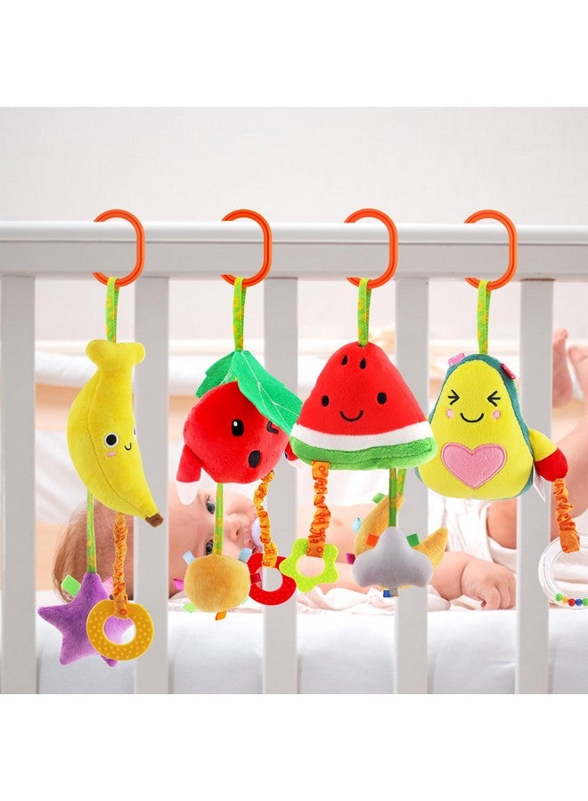 KAKIBLIN Baby Hanging Rattle Toys, 4 Pack Car Seat Stroller Toys Soft Squeaky Toys For Baby Newborn Infant Car Bed Travel Activity, Fruit - Image 2