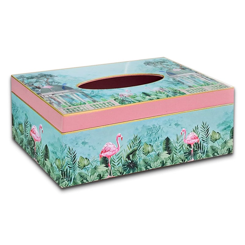 CRAFTSLANE Handcrafted Floral Tissue Box Holder with Gold Trim | Rectangular Decorative Tissue Organizer for Home & Office | 9" x 5" x 3" (Flamingo Whispers) - Image 1