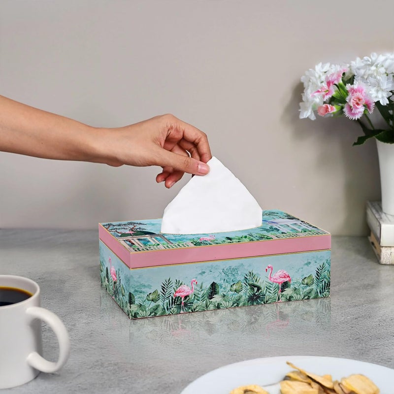 CRAFTSLANE Handcrafted Floral Tissue Box Holder with Gold Trim | Rectangular Decorative Tissue Organizer for Home & Office | 9" x 5" x 3" (Flamingo Whispers) - Image 5