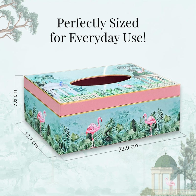 CRAFTSLANE Handcrafted Floral Tissue Box Holder with Gold Trim | Rectangular Decorative Tissue Organizer for Home & Office | 9" x 5" x 3" (Flamingo Whispers) - Image 2