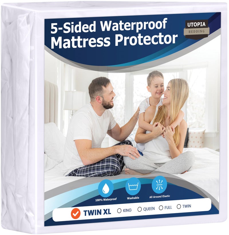 Utopia Bedding Waterproof 5Sided Mattress Protector Twin XL Size Premium Breathable Mattress Cover Fitted Style with Stretchable Pockets White