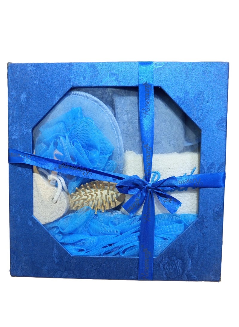 مجموعة  استحمام 6قطع - تتضمن  منشفه و ليفه شكل ورده و مشاطه وحجر تنظيف القدم وشبشب حمام وليفه تقشير   - للنساء والرجال،  لتنظيف عميق وتنشيط بشرتك باللون الأزرق - Image 2