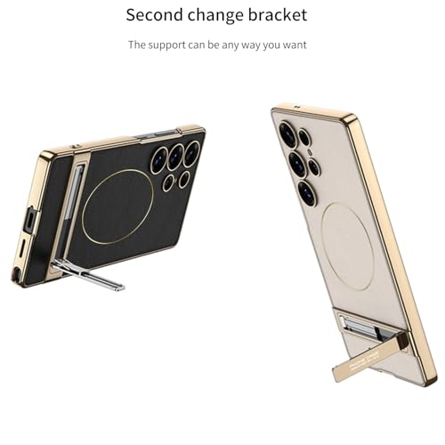 Midkart Leather Cover Compatible with Samsung Galaxy S25 Ultra and Compatible with Magsafe Charging Kickstand Electroplating Independent Camera Protection Cover, Black - Image 5