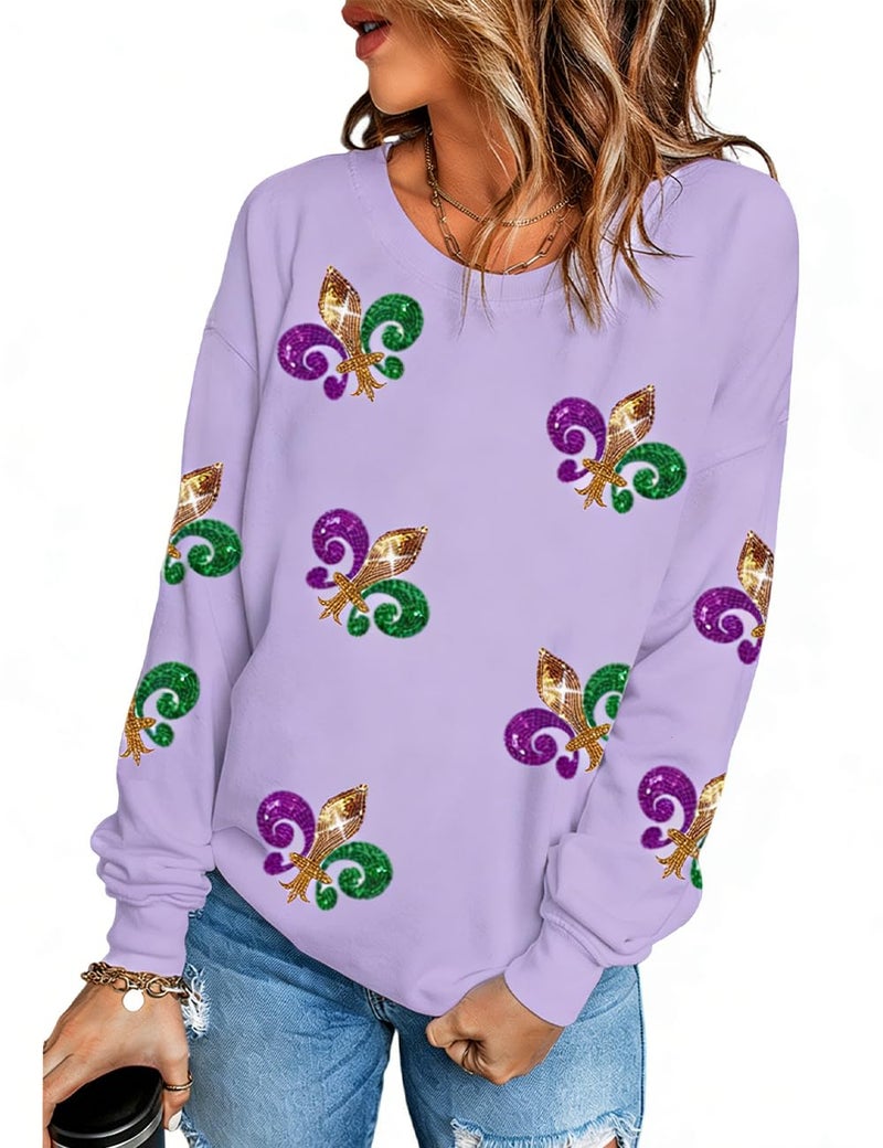 Ecosunny Women's Mardi Gras Sequined Graphic Sweatshirt Round Neck Long Sleeve Casual Print Holiday Tops