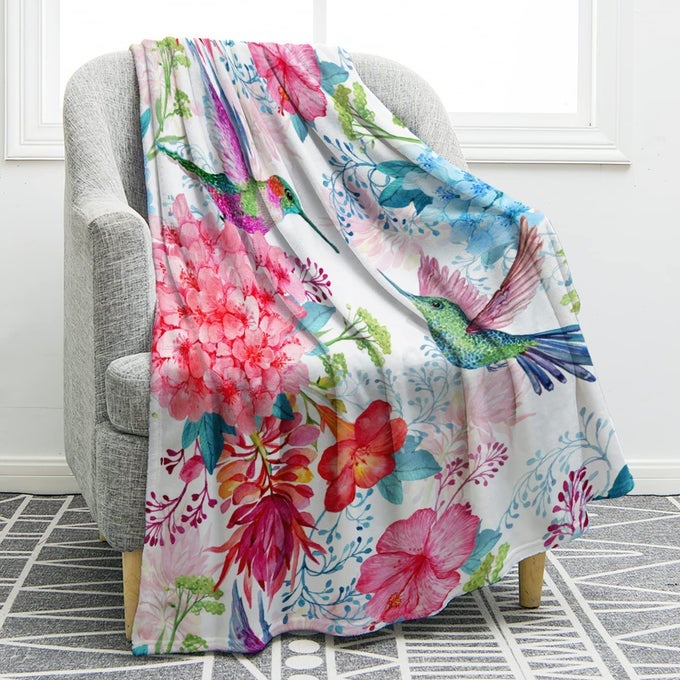 HUMMINGBIRD FLORAL BLANKET BIRD COLORFUL FLOWERS PRINT GIFTS FOR WOMEN KIDS GIRLS MOM BEDROOM LIVING ROOM BIRTHDAY MOTHERS DAY DECOR SOFT COZY PLUSH THROW BLANKET 50X60