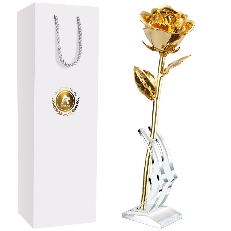 AliveRose 24k Gold Rose Golden Rose Made from Real Rose  Unique Design Dipped Rose for Anniversary Valentines Mothers Day Birthday Gifts Golden Rose with Stand