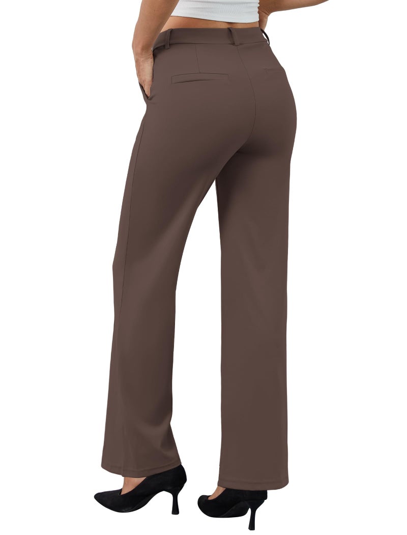 DLOODA Women's Dress Pants Business Casual Stretchy Work Pants High Waisted Pull On Slacks Office Wide Leg Trousers Brown - Image 2