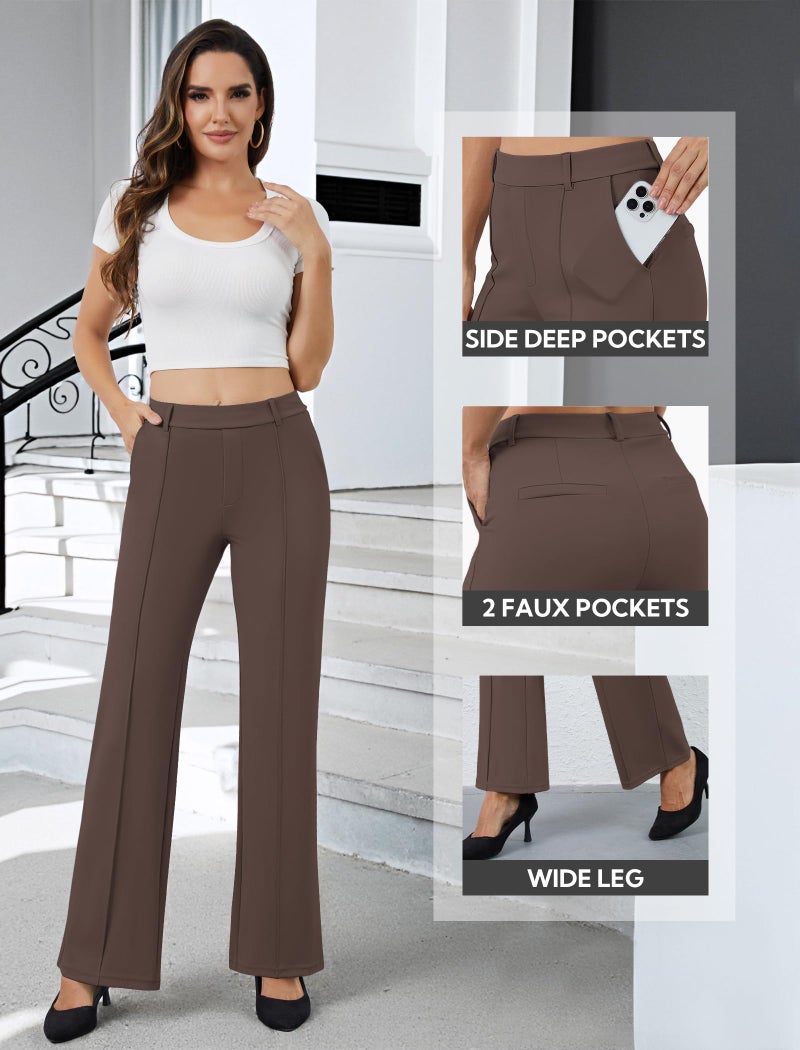 DLOODA Women's Dress Pants Business Casual Stretchy Work Pants High Waisted Pull On Slacks Office Wide Leg Trousers Brown - Image 4