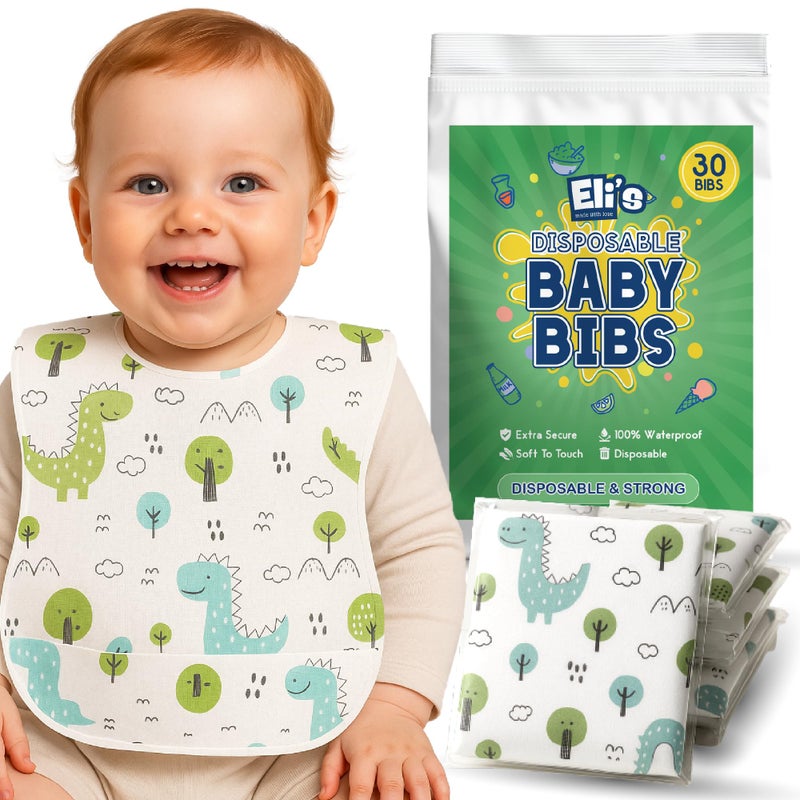 Eli with Love Disposable Bibs Individually Wrapped Bib with Crumb Catcher - Waterproof Baby Bibs For Feeding (30 pack) (Dino) - Image 1