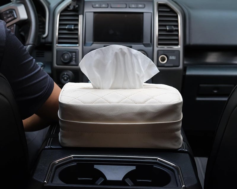 SENYAZON Car Standard Tissue Holder, 120 Tissues Box Cover for Car, Car Backseat Extra Large Tissue Organization fit for 120 Tissues per Box on Daily Use (Beige) - Image 2