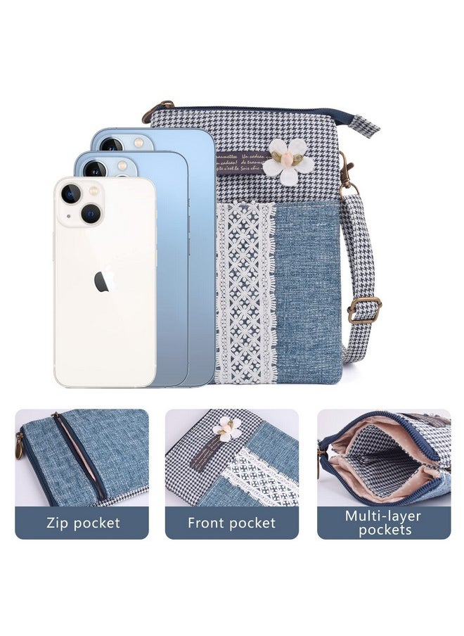 WITERY - Leaf Pattern Canvas Cell Phone Purse Wallet Lightweight Small Crossbody Purse Bags For Women Girls (Blue 2) - Image 1