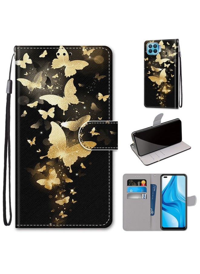 HuHa Case Cover For OPPO F17 Pro / A93 4G / Reno4 Lite / Reno4 F Coloured Drawing Cross Texture Horizontal Flip PU Leather Case with Holder & Card Slots & Wallet & Lanyard Golden Butterfly Group 