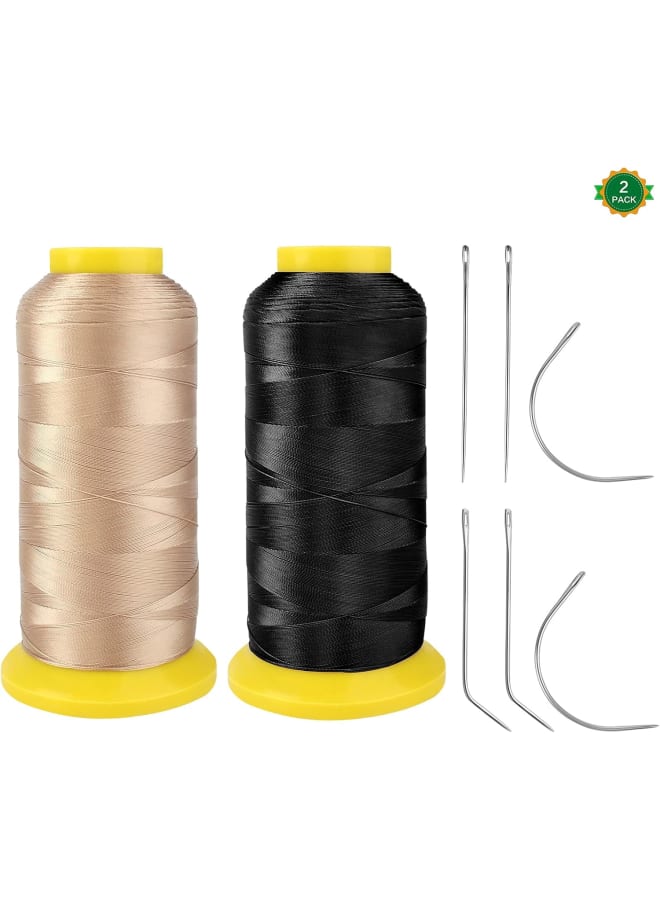Xingshun 2 PCS Hair Extension Thread, Sewing Kit with 150D Thread (Champagne + Black), Carbon Steel Curved Needles for Wig Making, Clothing, Leather - Image 1