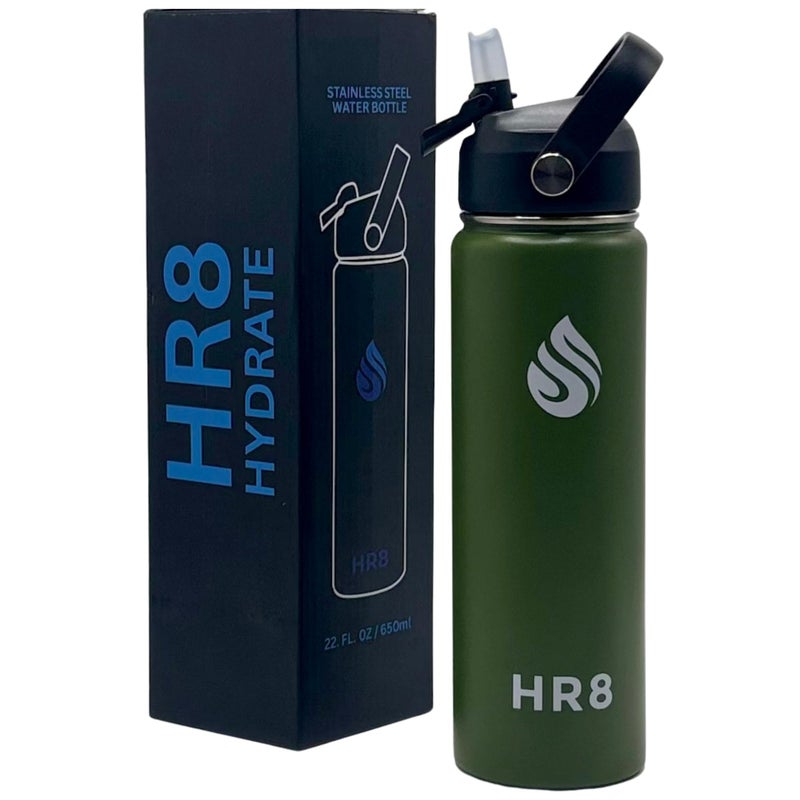 HR8 Stainless Steel Insulated Water Bottle with Straw Lid, Wide Mouth Stainless Steel Metal Water Bottle â€“ 24H Cold, 12H Hot, Leakproof, BPA-Free (Army Green, 22 Ounces - 650ml) - Image 1