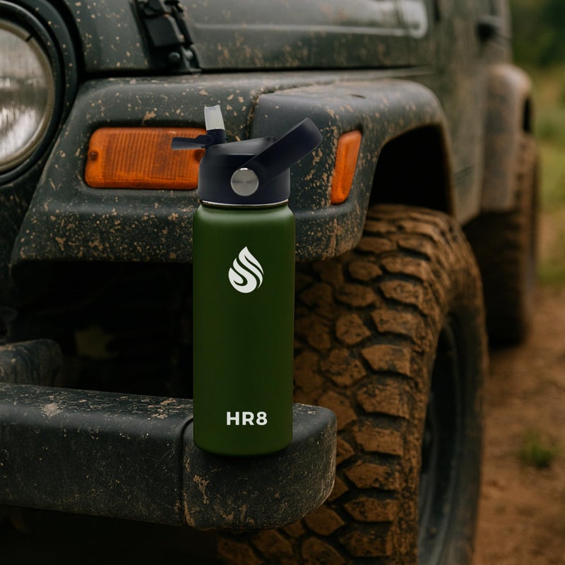 HR8 Stainless Steel Insulated Water Bottle with Straw Lid, Wide Mouth Stainless Steel Metal Water Bottle â€“ 24H Cold, 12H Hot, Leakproof, BPA-Free (Army Green, 22 Ounces - 650ml) - Image 3