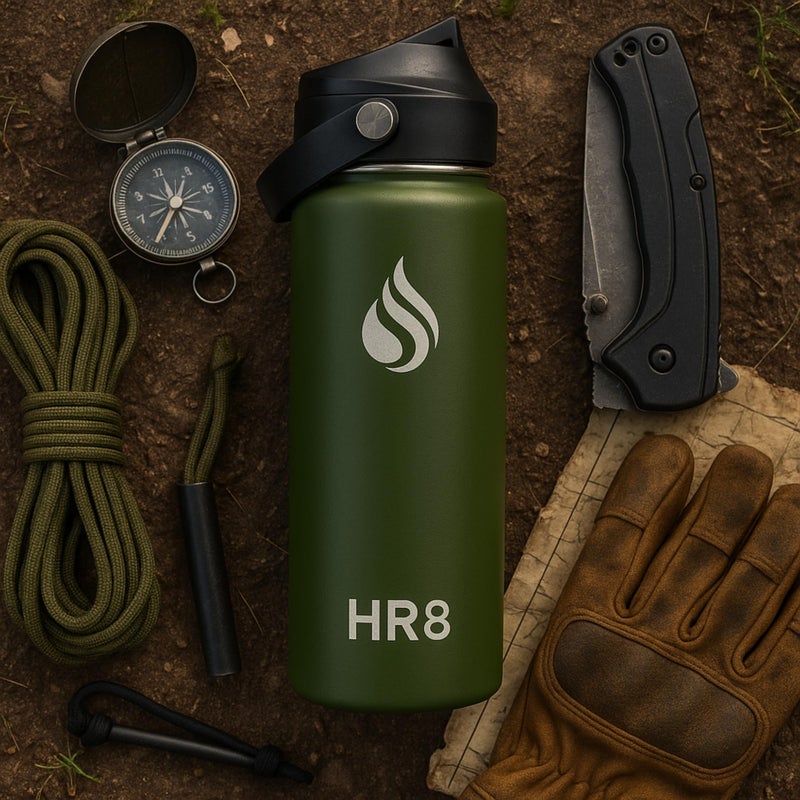 HR8 Stainless Steel Insulated Water Bottle with Straw Lid, Wide Mouth Stainless Steel Metal Water Bottle â€“ 24H Cold, 12H Hot, Leakproof, BPA-Free (Army Green, 22 Ounces - 650ml) - Image 2