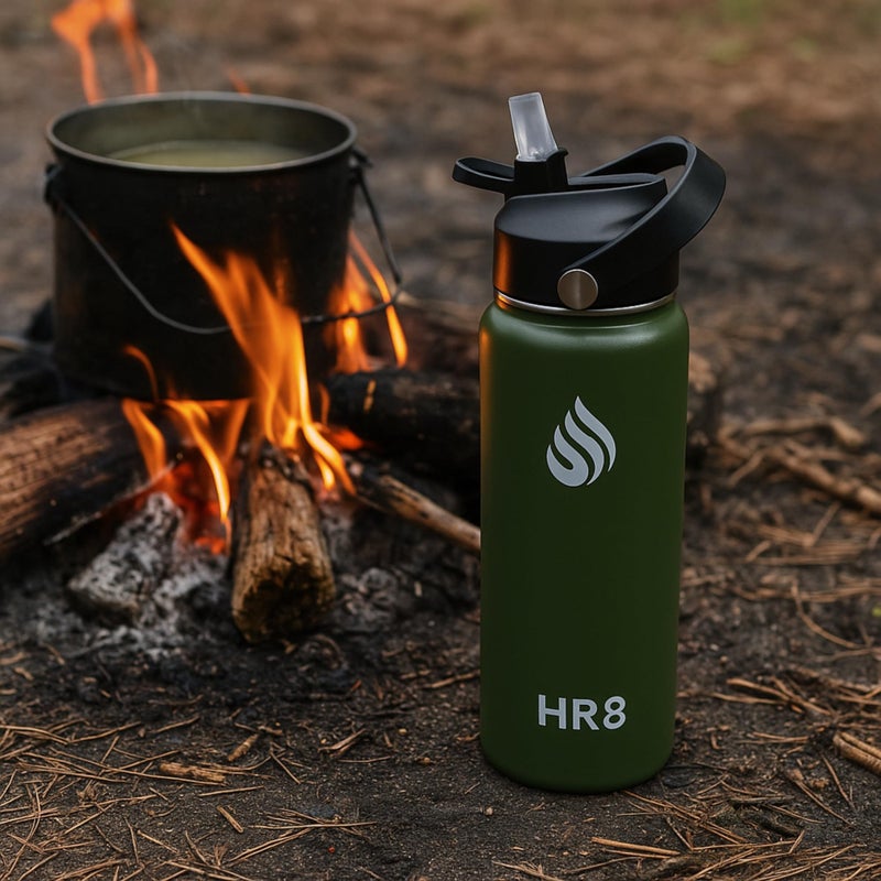 HR8 Stainless Steel Insulated Water Bottle with Straw Lid, Wide Mouth Stainless Steel Metal Water Bottle â€“ 24H Cold, 12H Hot, Leakproof, BPA-Free (Army Green, 22 Ounces - 650ml) - Image 4