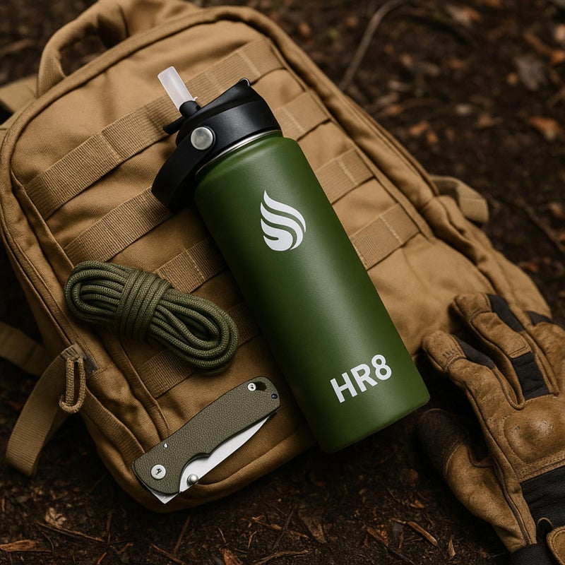 HR8 Stainless Steel Insulated Water Bottle with Straw Lid, Wide Mouth Stainless Steel Metal Water Bottle â€“ 24H Cold, 12H Hot, Leakproof, BPA-Free (Army Green, 22 Ounces - 650ml) - Image 5