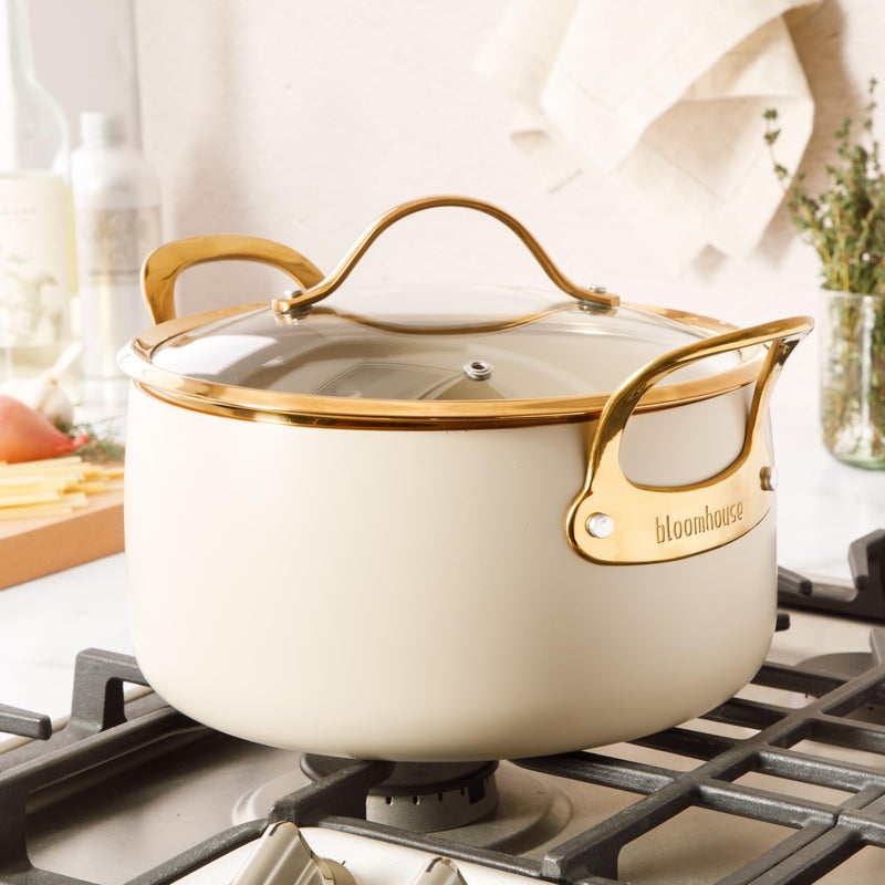 Bloomhouse - Two Time Oprah's Favorite Things Winner - 6 Quart Heavy Duty Aluminum Premium PFA Free Ceramic Nonstick Dutch Oven Pot with Lid - Almond Cream w/Gold Handle - Image 4