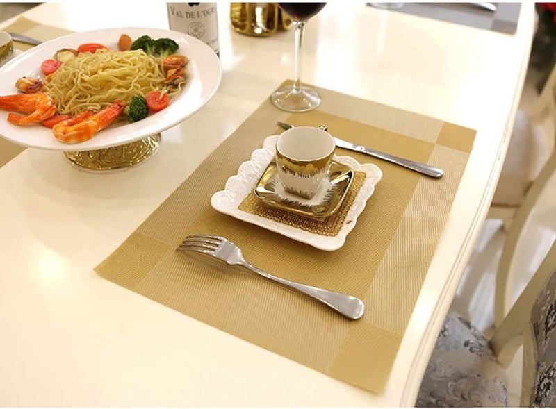 P Plus Fire Placemats Set of Easy to Clean NonSlip Heat Resistant Dining Table MatsWashable Crossweave Woven Vinyl PVC Place mats 8pcs placemate 1 Runner Gold - Image 4