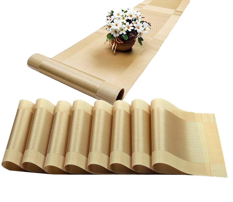 P Plus Fire Placemats Set of Easy to Clean NonSlip Heat Resistant Dining Table MatsWashable Crossweave Woven Vinyl PVC Place mats 8pcs placemate 1 Runner Gold - Image 1