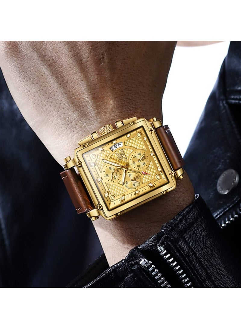 أوليفز Square Watches for Men Brown Leather Chronograph Fashion Business Watch Luminous Waterproof Casual Wrist Watches - Image 5
