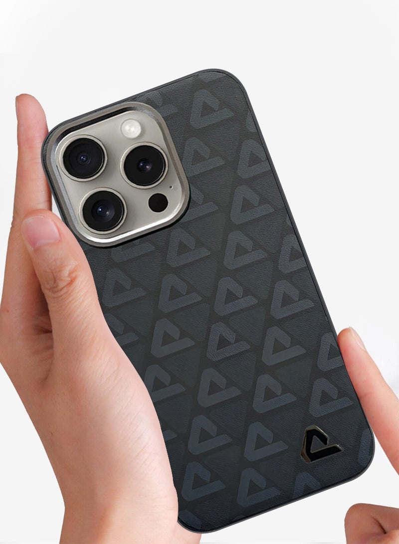 CATANES (for iPhone 15 Pro) Case Leather Back Cover Triangle Pattern Shockproof Protective Phone Case Black - Image 3