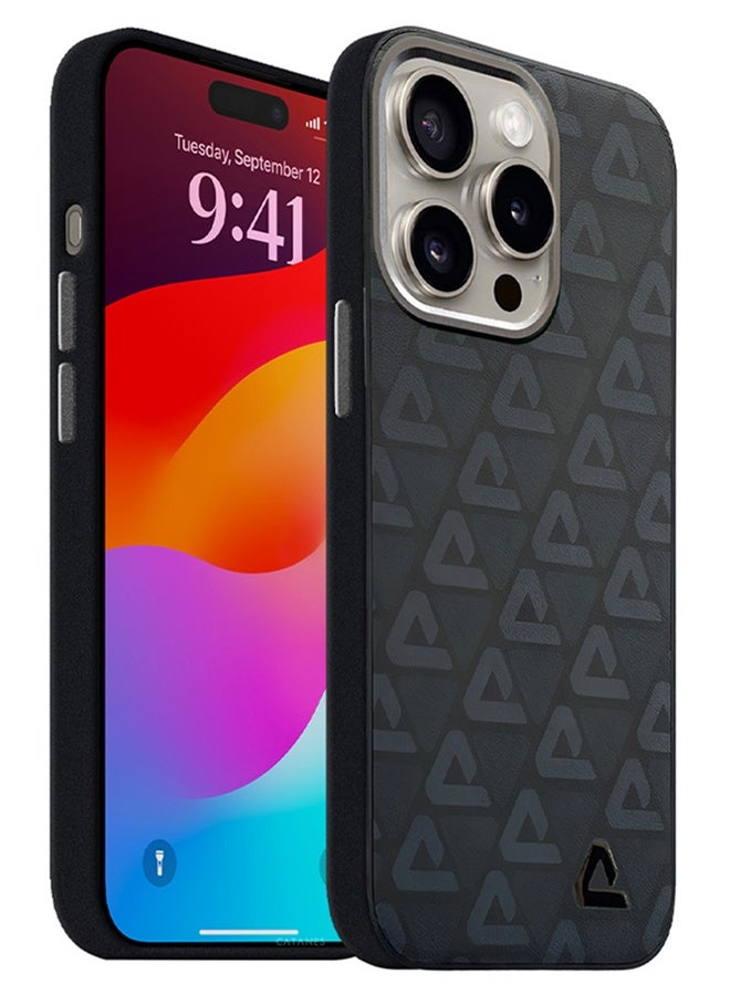 CATANES (for iPhone 15 Pro) Case Leather Back Cover Triangle Pattern Shockproof Protective Phone Case Black - Image 1