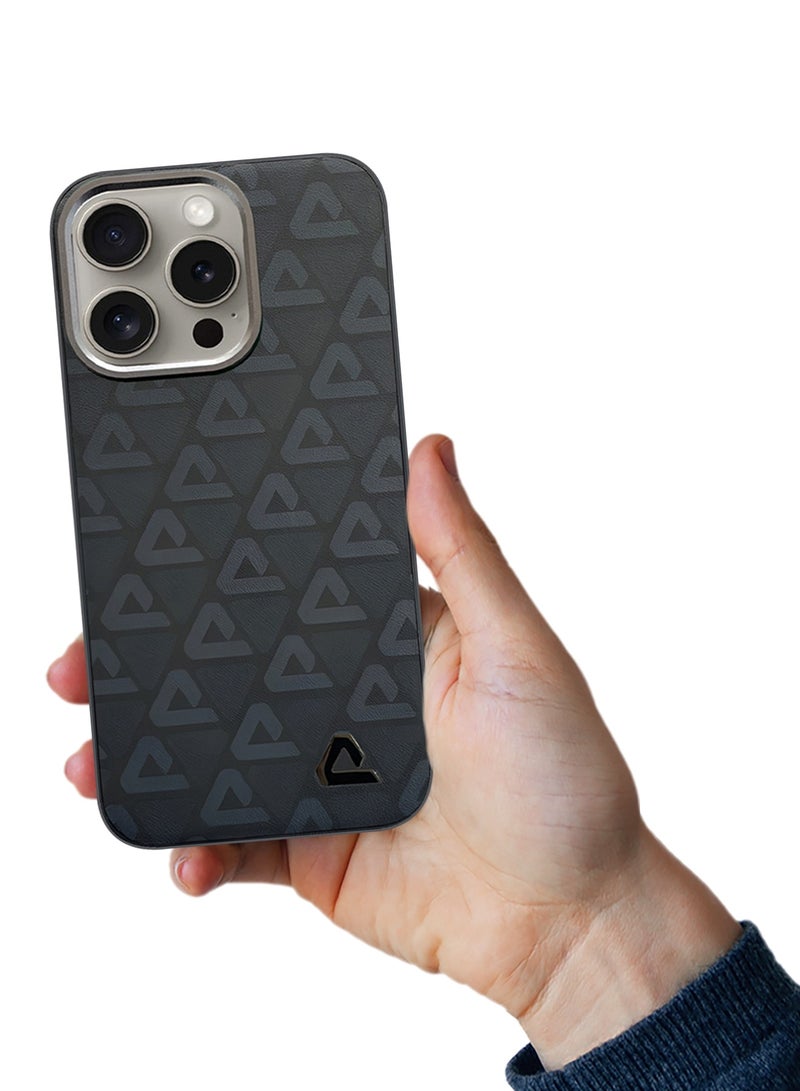 CATANES (for iPhone 15 Pro) Case Leather Back Cover Triangle Pattern Shockproof Protective Phone Case Black - Image 4