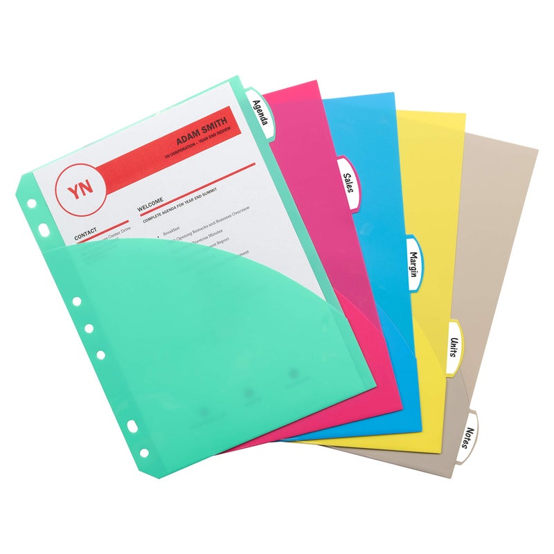 C-Line Mini Size 5-Tab Poly Index Dividers with Pockets, for 5.5 x 8.5, 6 x 9 and 8.5 x 11 Binders, Assorted Colors, One 5-Tab Set (03750) - Image 1