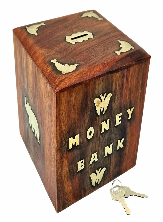 MITRIA TRADERS Wooden Money Bank - Big Size Master Size Large Piggy Bank Wooden for Kids and Adults (Brown) 6 x 6 INCH - Image 1