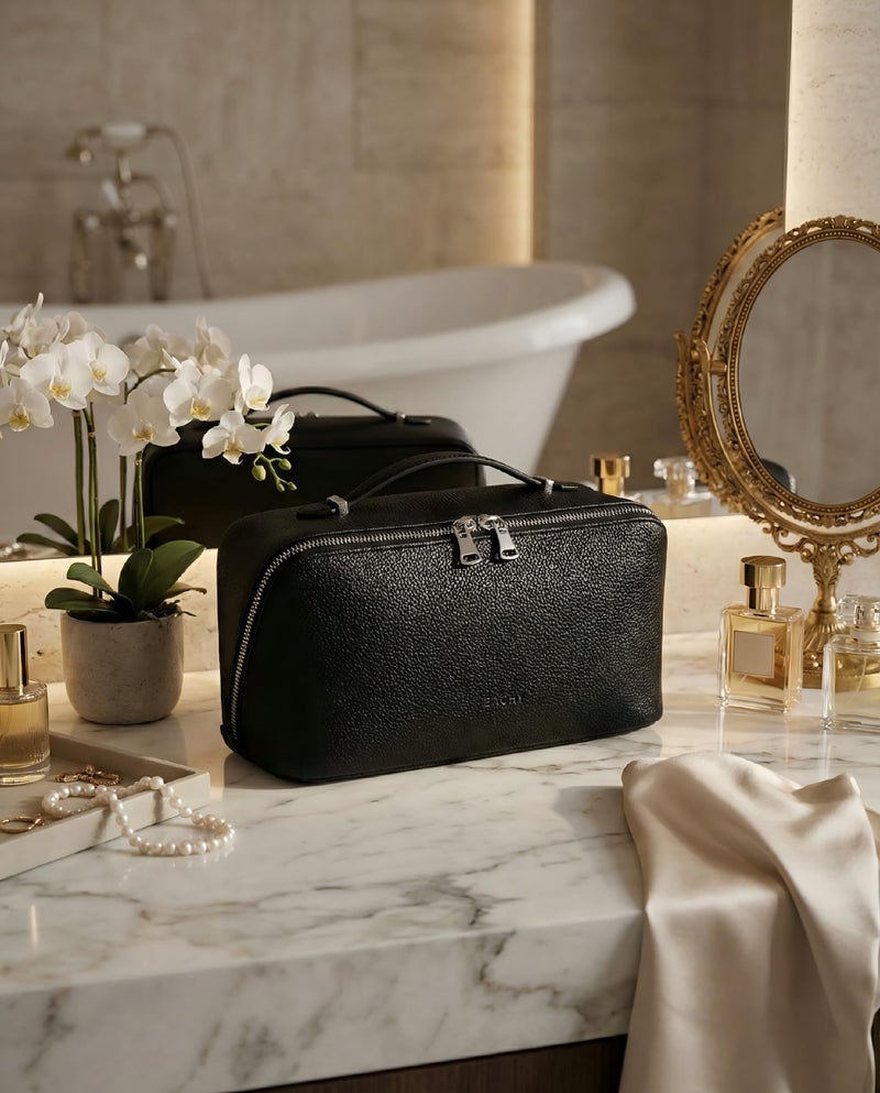 EACHY Travel Makeup Bag, Lychee Leather Large Capacity Cosmetic Bag for Women, Open Flat Toiletry Bag with TPU Brush Compartment, Waterproof Skincare Organizer Travel Essentials - Image 2
