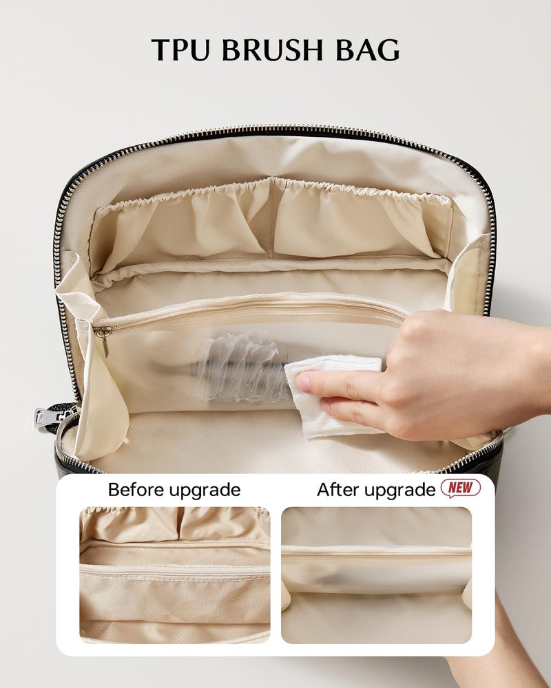 EACHY Travel Makeup Bag, Lychee Leather Large Capacity Cosmetic Bag for Women, Open Flat Toiletry Bag with TPU Brush Compartment, Waterproof Skincare Organizer Travel Essentials - Image 4
