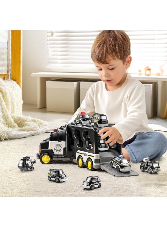 LBMT ألعاب شاحنات الشرطة للأطفال من 3 إلى 6 سنوات، لعبة شاحنة تعمل بالطاقة الاحتكاكية 5 في 1 مع ضوء وصوت، شاحنة نقل سيارات، مجموعة ألعاب سيارات للأولاد والبنات من 3 إلى 5 سنوات (أسود) - Image 2