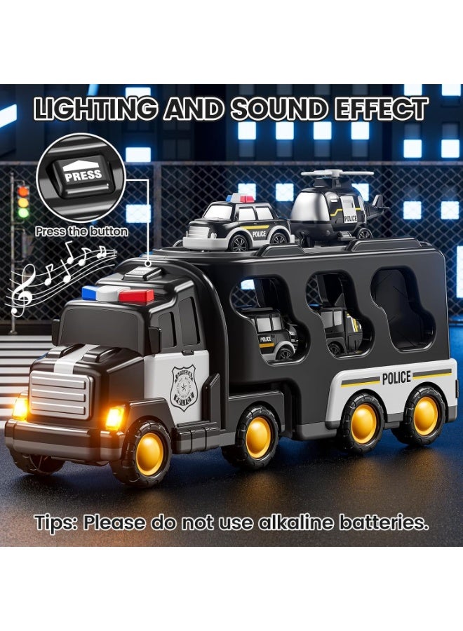 LBMT ألعاب شاحنات الشرطة للأطفال من 3 إلى 6 سنوات، لعبة شاحنة تعمل بالطاقة الاحتكاكية 5 في 1 مع ضوء وصوت، شاحنة نقل سيارات، مجموعة ألعاب سيارات للأولاد والبنات من 3 إلى 5 سنوات (أسود) - Image 4