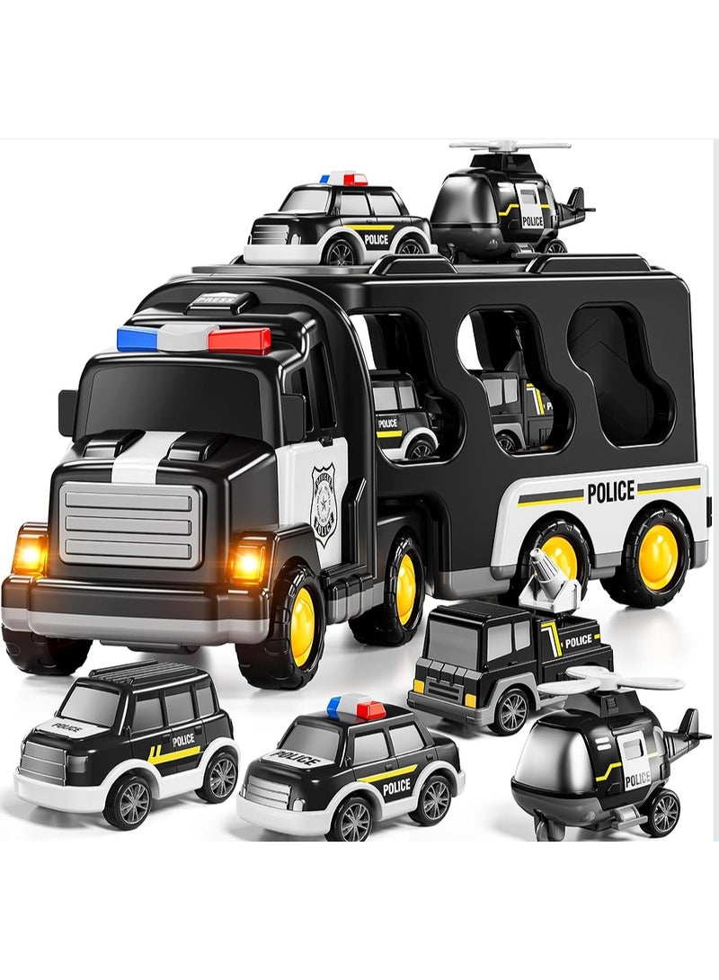 LBMT ألعاب شاحنات الشرطة للأطفال من 3 إلى 6 سنوات، لعبة شاحنة تعمل بالطاقة الاحتكاكية 5 في 1 مع ضوء وصوت، شاحنة نقل سيارات، مجموعة ألعاب سيارات للأولاد والبنات من 3 إلى 5 سنوات (أسود) - Image 1