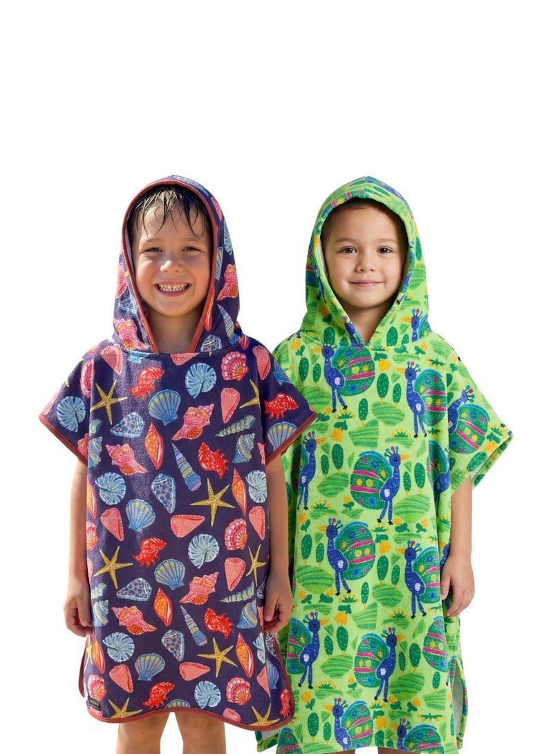 Pearl Coast International Kids Poncho Towel Hooded Pack of 2 – Quick Dry Microfiber Beach Changing Robe for Boys & Girls, Soft Absorbent Swim Cover Up - Image 2