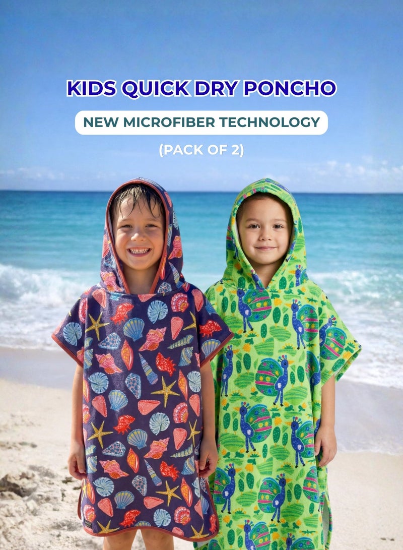 Pearl Coast International Kids Poncho Towel Hooded Pack of 2 – Quick Dry Microfiber Beach Changing Robe for Boys & Girls, Soft Absorbent Swim Cover Up - Image 1