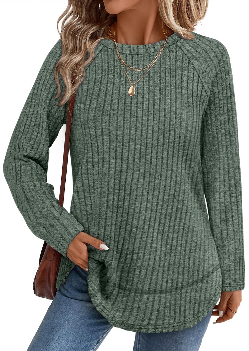 WIHOLL Womens Fall Fashion Must Haves 2025 2026 Tunic Shirts Business Casual Tops Long Sweaters Lightweight Spring Outfits Round Neck Green M - Image 1