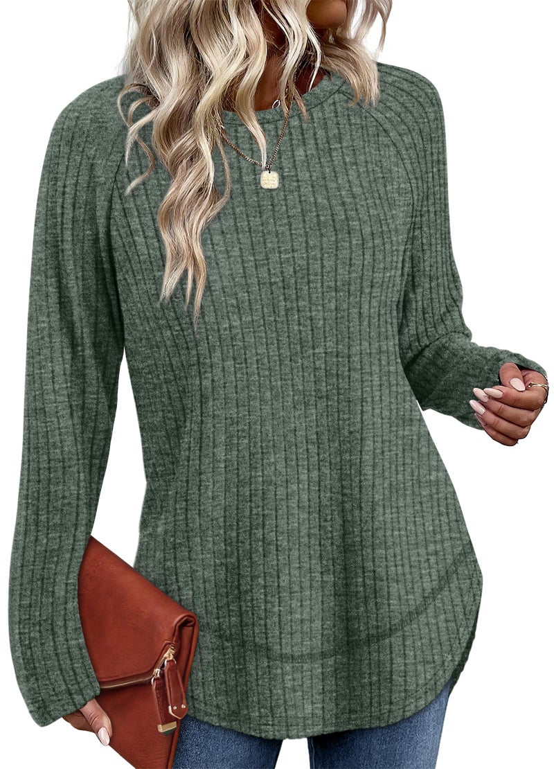 WIHOLL Womens Fall Fashion Must Haves 2025 2026 Tunic Shirts Business Casual Tops Long Sweaters Lightweight Spring Outfits Round Neck Green M - Image 2