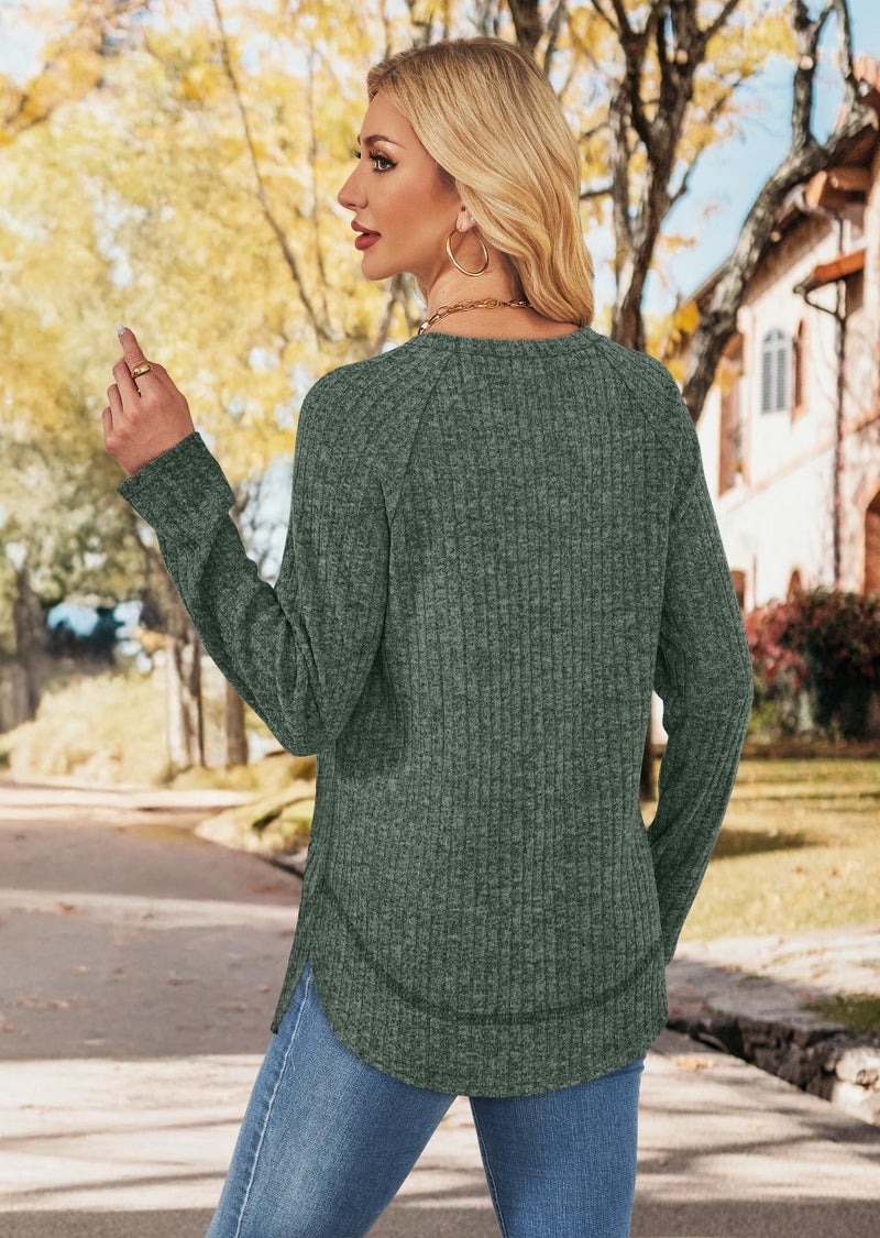 WIHOLL Womens Fall Fashion Must Haves 2025 2026 Tunic Shirts Business Casual Tops Long Sweaters Lightweight Spring Outfits Round Neck Green M - Image 5