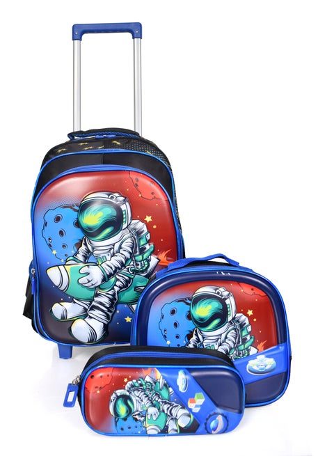 طقم شنط مدارس للأولاد والأطفال مقاس 16 إنش بعجلات دوارة مع مقلميه وصندوق فطور