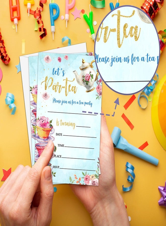 Levitatinyear Floral Tea Party Birthday Invitation, Let's Par-Tea Garden Tea Cup Time Fill-In Invites For Teens Boys & Girls, 20 Invitations With Envelopes(4" X 6")，Kids Party Favors Decorations And Supplies-17 - Image 5