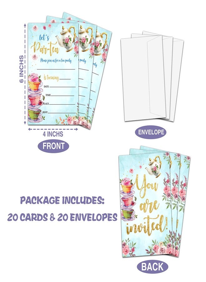Levitatinyear Floral Tea Party Birthday Invitation, Let's Par-Tea Garden Tea Cup Time Fill-In Invites For Teens Boys & Girls, 20 Invitations With Envelopes(4" X 6")，Kids Party Favors Decorations And Supplies-17 - Image 4