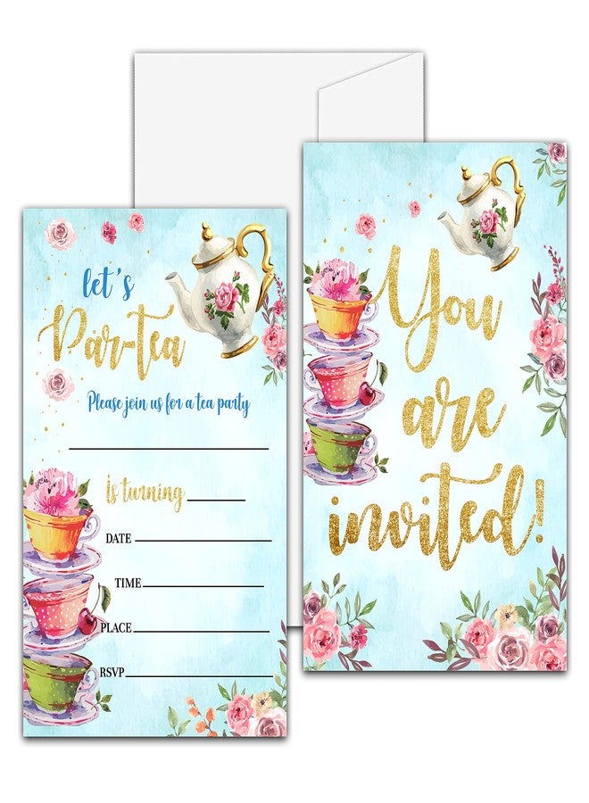 Levitatinyear Floral Tea Party Birthday Invitation, Let's Par-Tea Garden Tea Cup Time Fill-In Invites For Teens Boys & Girls, 20 Invitations With Envelopes(4" X 6")，Kids Party Favors Decorations And Supplies-17 - Image 2