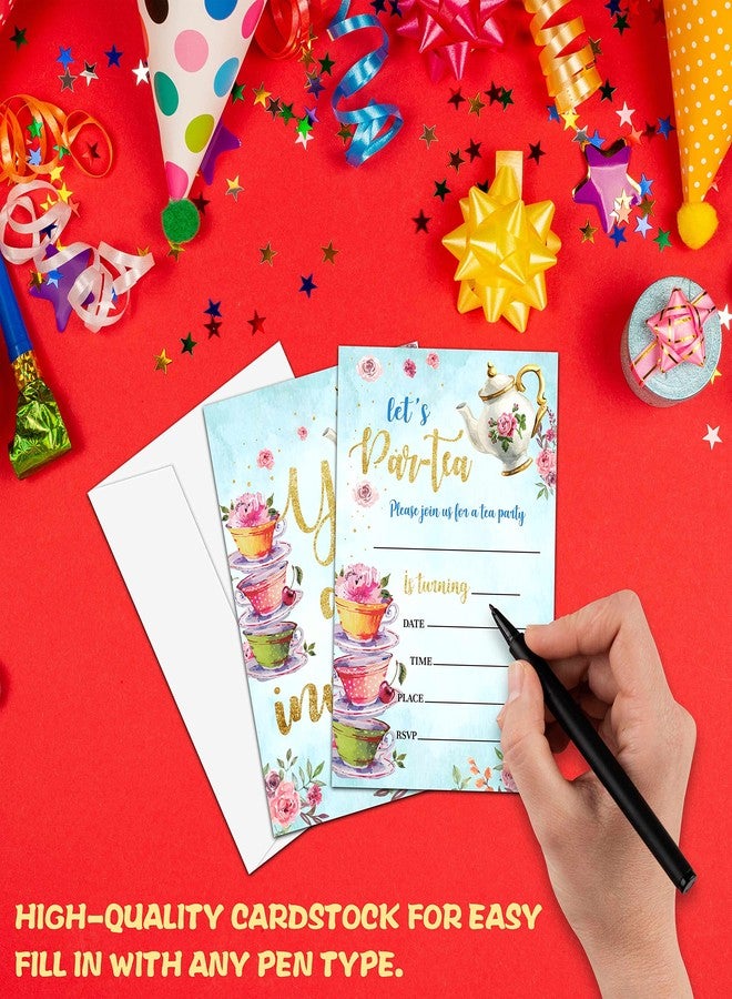 Levitatinyear Floral Tea Party Birthday Invitation, Let's Par-Tea Garden Tea Cup Time Fill-In Invites For Teens Boys & Girls, 20 Invitations With Envelopes(4" X 6")，Kids Party Favors Decorations And Supplies-17 - Image 3