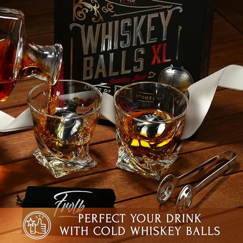 Frolk Gifts for Him - Men Dad Husband - 4 XL Stainless Steel Whisky Ice Balls, Special Tongs & Freezer Pouch in Luxury Gift Box for Whiskey Lovers! - Image 4